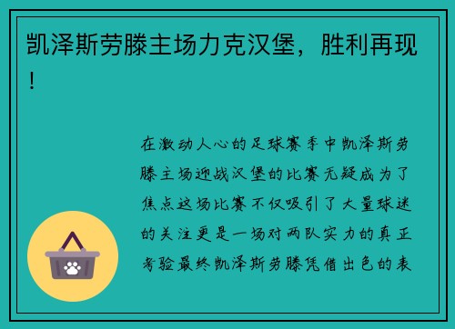 凯泽斯劳滕主场力克汉堡，胜利再现！