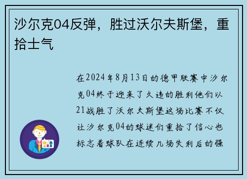 沙尔克04反弹，胜过沃尔夫斯堡，重拾士气