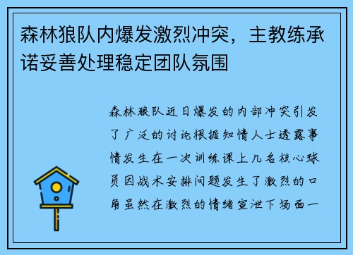 森林狼队内爆发激烈冲突，主教练承诺妥善处理稳定团队氛围