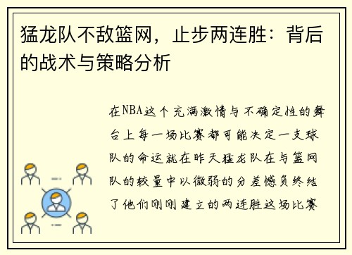 猛龙队不敌篮网，止步两连胜：背后的战术与策略分析
