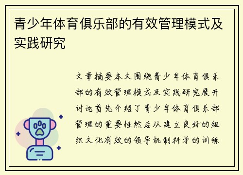 青少年体育俱乐部的有效管理模式及实践研究